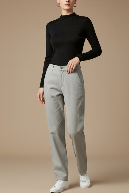 Pantalon Gris Droit Coton Décontracté Femme Léger