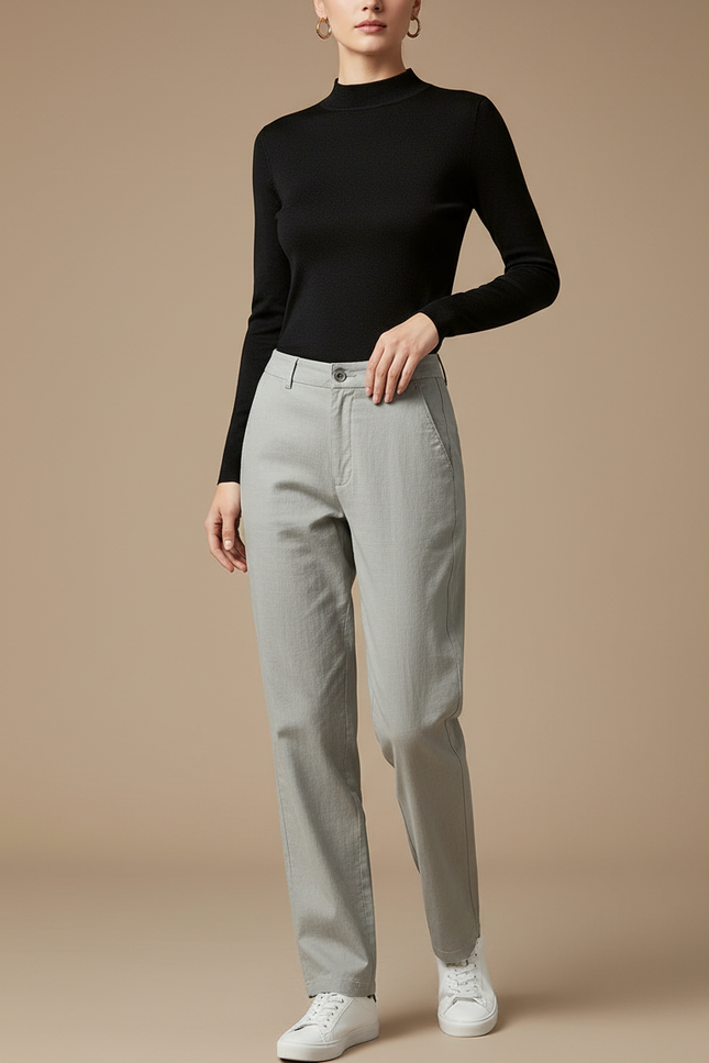 Pantalon Gris Droit Coton Décontracté Femme Léger