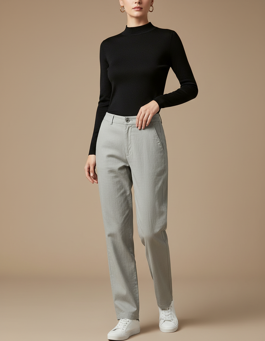 Pantalon Gris Droit Coton Décontracté Femme Léger