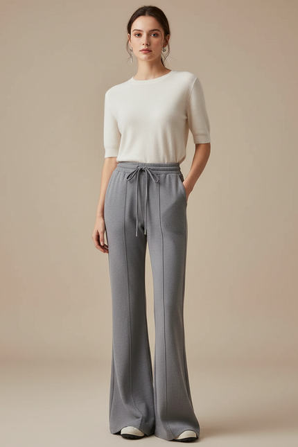 Pantalon Gris Évasé Fluide Cordon Confortable Femme - Molleton