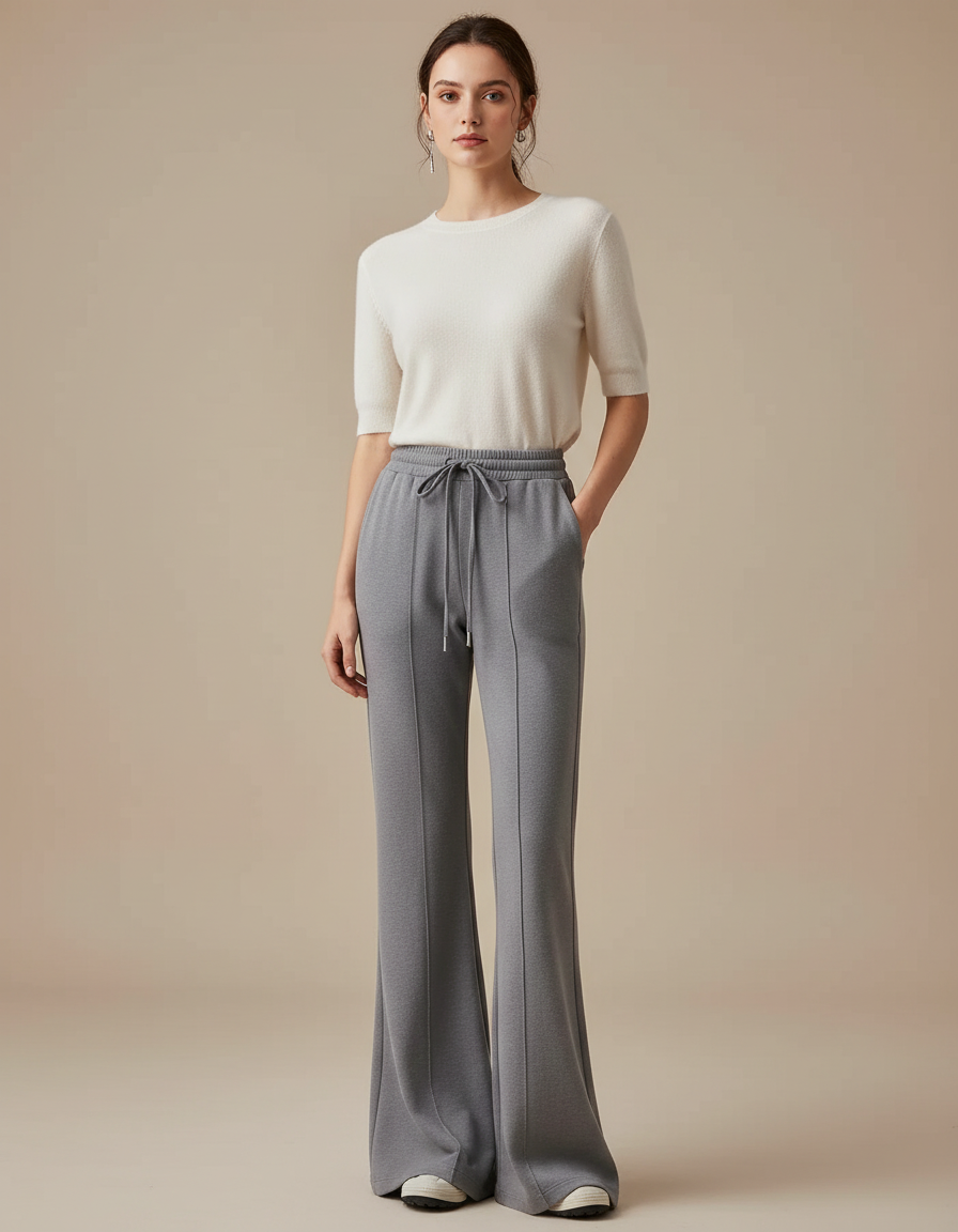 Pantalon Gris Évasé Fluide Cordon Confortable Femme - Molleton