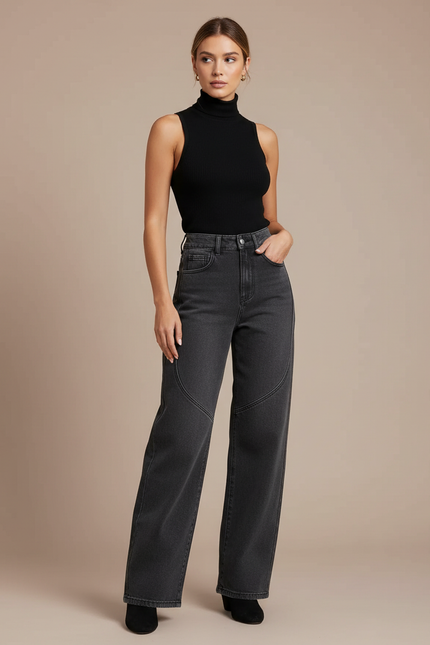 Pantalon Gris Jean Large Décontracté Femme Patchwork