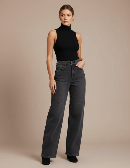 Pantalon Gris Jean Large Décontracté Femme Patchwork