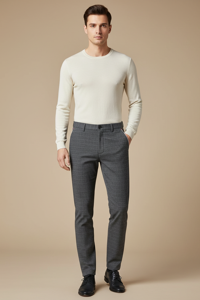 Pantalon Gris Homme Carreaux Élégant Droit Décontracté - Laine