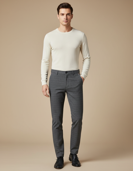 Pantalon Gris Homme Carreaux Élégant Droit Décontracté - Laine