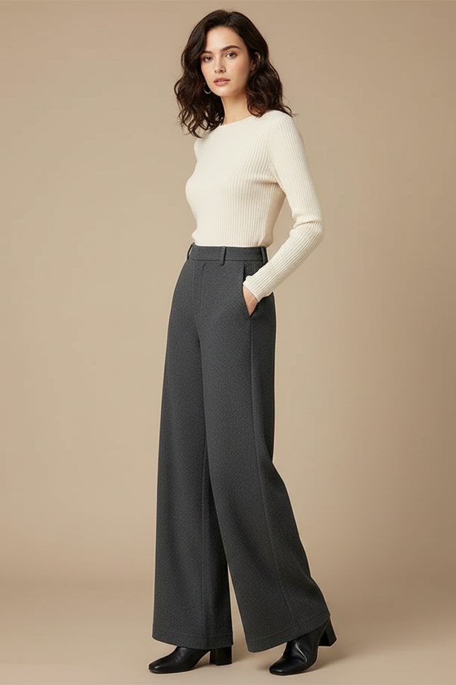 Pantalon Gris Ample Taille Haute Fluide Élégant - Laine