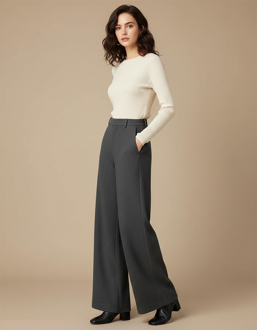 Pantalon Gris Ample Taille Haute Fluide Élégant - Laine