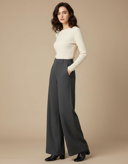 Pantalon Gris Ample Taille Haute Fluide Élégant - Laine