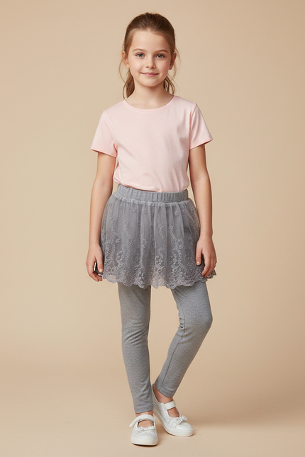 Pantalon Gris Legging Jupe Tulle Dentelle Fille - Maille