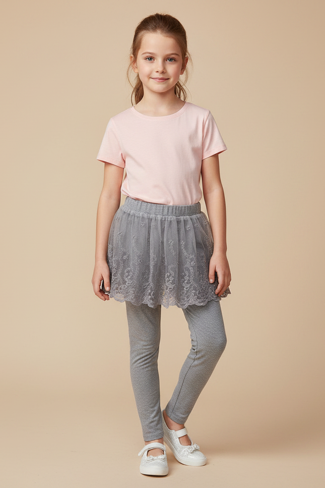 Pantalon Gris Legging Jupe Tulle Dentelle Fille - Maille
