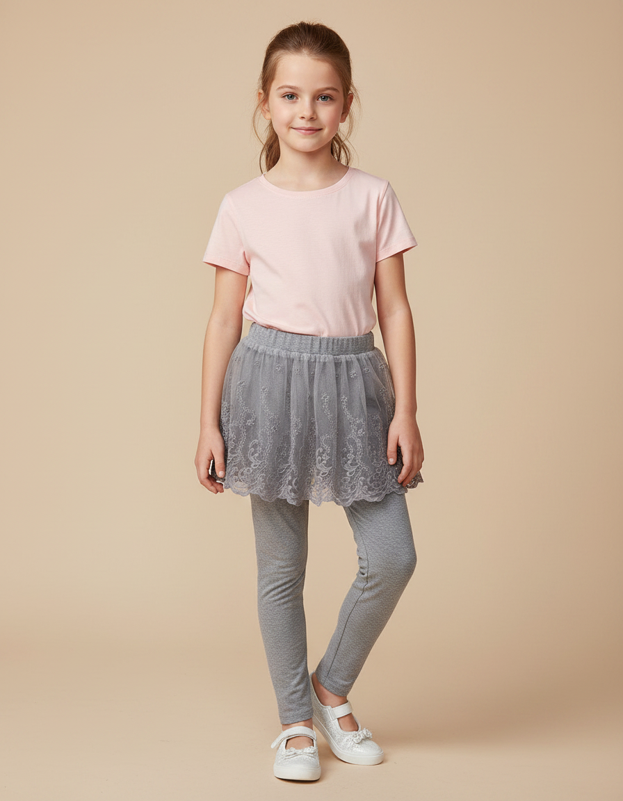 Pantalon Gris Legging Jupe Tulle Dentelle Fille - Maille