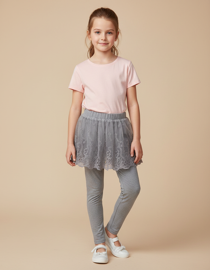 Pantalon Gris Legging Jupe Tulle Dentelle Fille - Maille