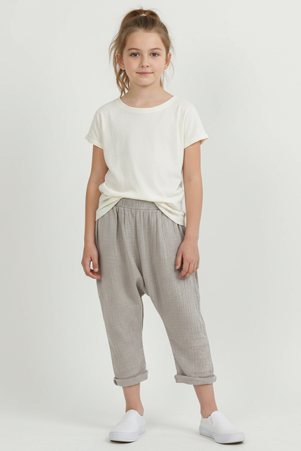 Pantalon Gris Ample Décontracté Plissé Fille Lin