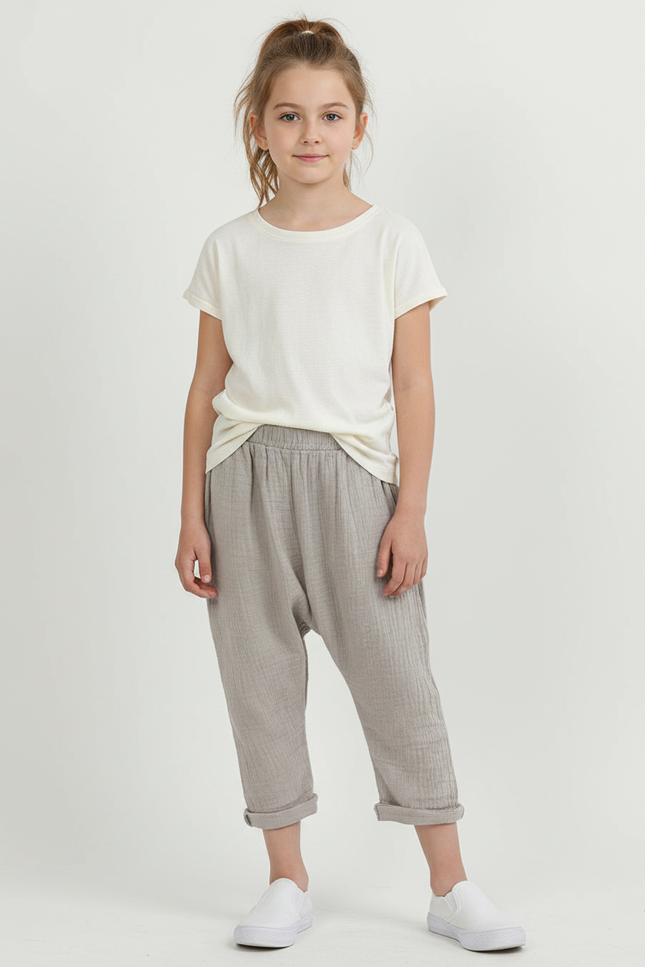 Pantalon Gris Ample Décontracté Plissé Fille Lin