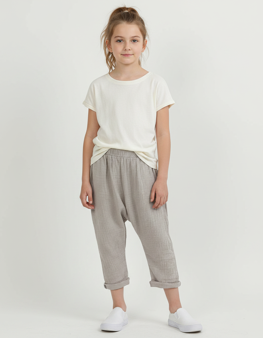 Pantalon Gris Ample Décontracté Plissé Fille Lin