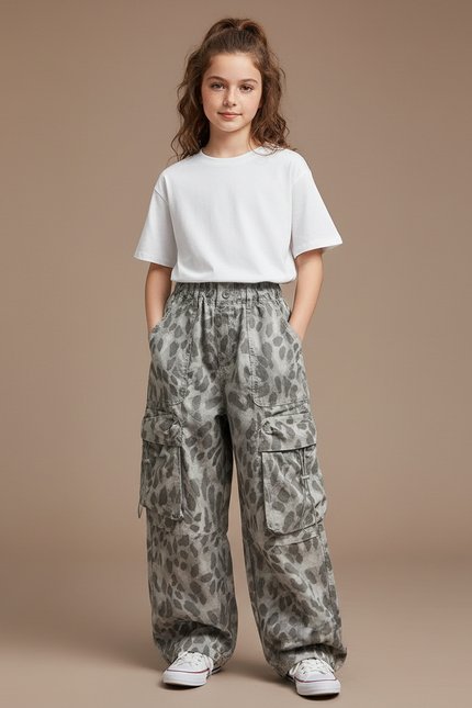 Pantalon Gris Cargo Ample Imprimé Léopard Enfant - Toile