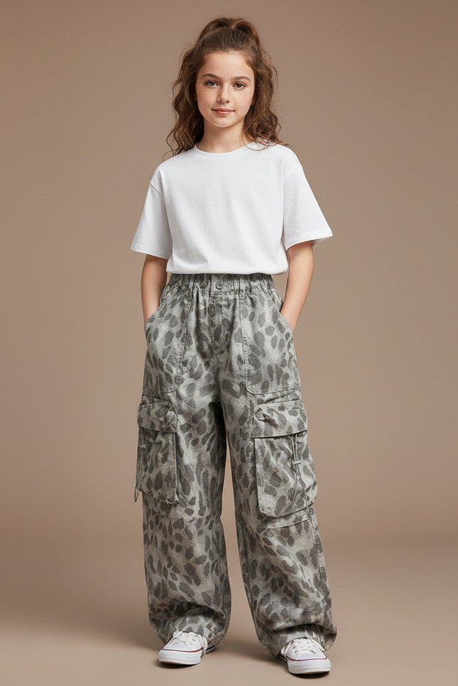 Pantalon Gris Cargo Ample Imprimé Léopard Enfant - Toile