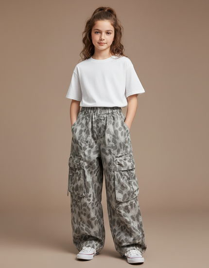 Pantalon Gris Cargo Ample Imprimé Léopard Enfant - Toile