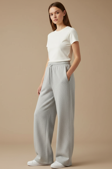 Pantalon Gris Large Coton Décontracté Droit Fluide - Molleton