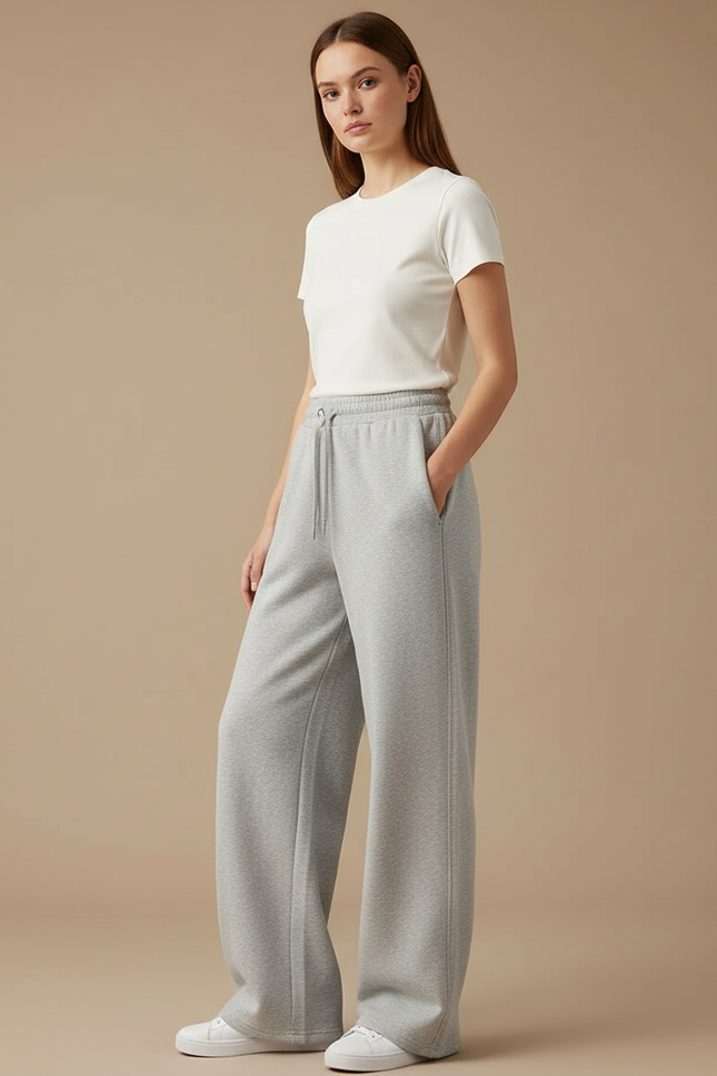 Pantalon Gris Large Coton Décontracté Droit Fluide - Molleton
