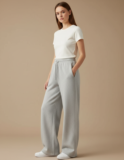 Pantalon Gris Large Coton Décontracté Droit Fluide - Molleton