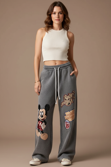 Pantalon Gris Ample Mickey Brodé Décontracté Femme - Molleton