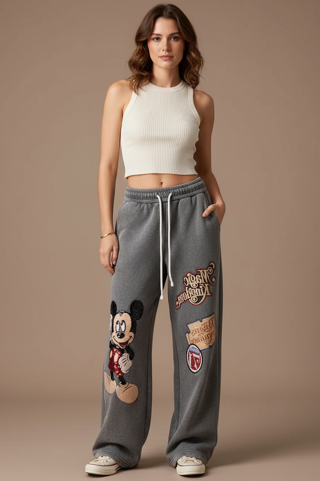 Pantalon Gris Ample Mickey Brodé Décontracté Femme - Molleton