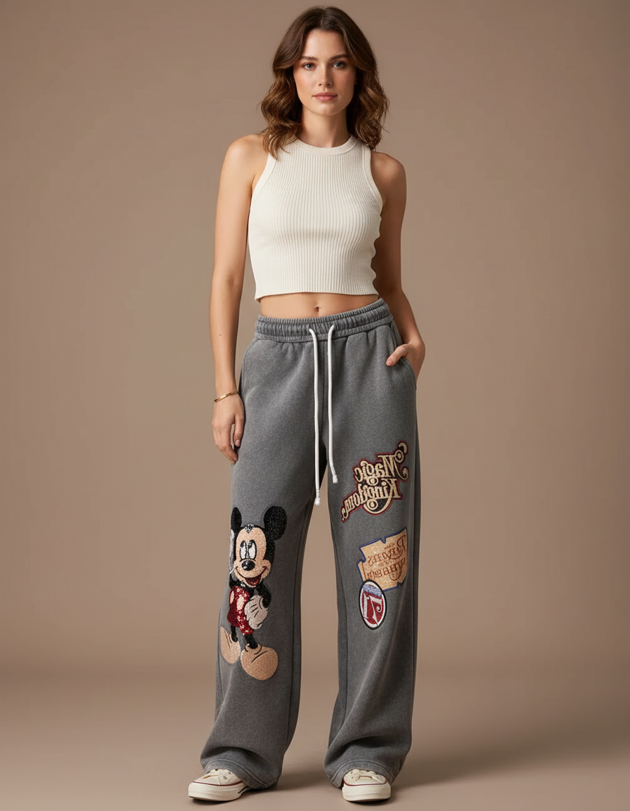Pantalon Gris Ample Mickey Brodé Décontracté Femme - Molleton