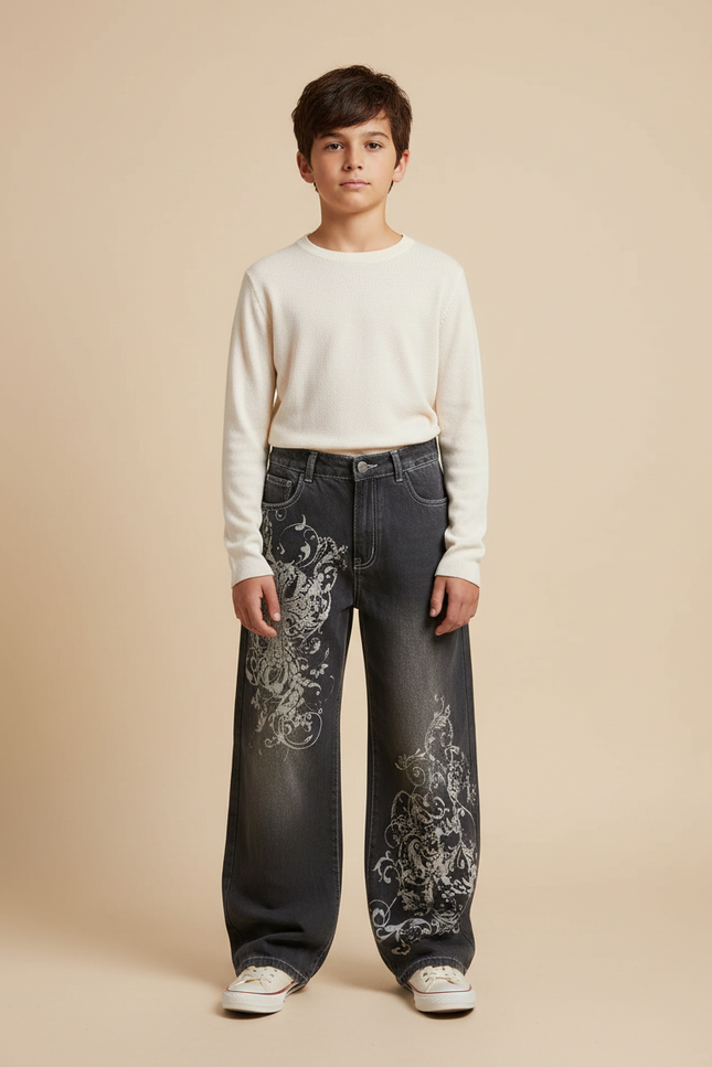 Pantalon Gris Ample Imprimé Décontracté Y2K - Jean