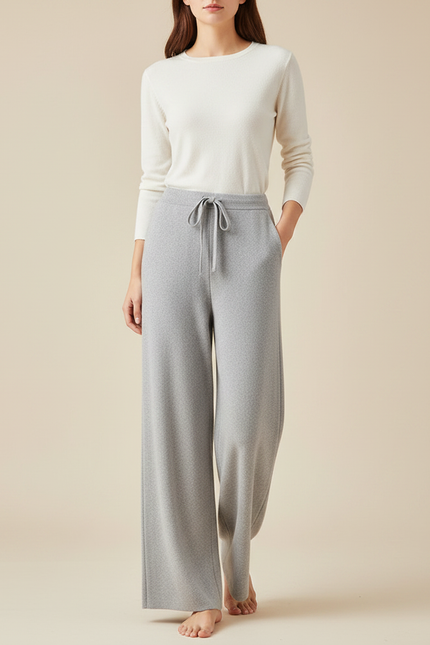 Pantalon Gris Ample Tricoté Cordon Confortable Femme - Maille