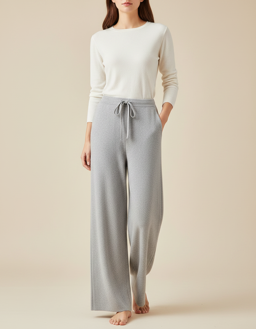 Pantalon Gris Ample Tricoté Cordon Confortable Femme - Maille