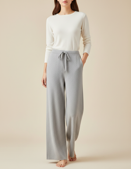 Pantalon Gris Ample Tricoté Cordon Confortable Femme - Maille