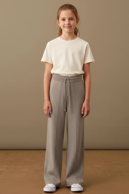 Pantalon Gris Tricoté Ample Cordon Fille Mode - Maille