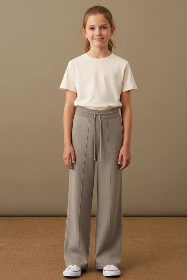 Pantalon Gris Tricoté Ample Cordon Fille Mode - Maille