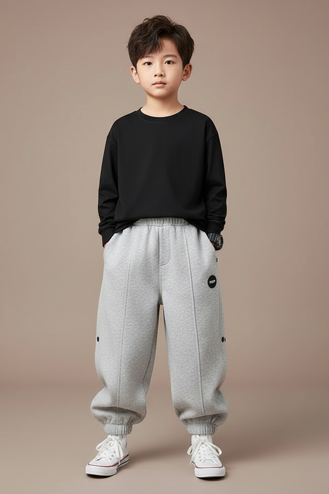 Pantalon Gris Enfant Sport Décontracté Molletonné Boutons
