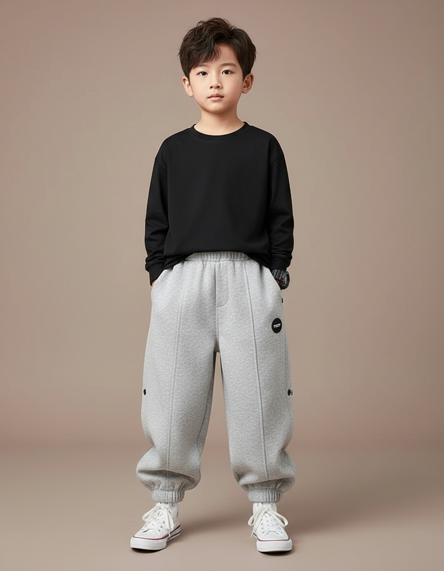 Pantalon Gris Enfant Sport Décontracté Molletonné Boutons