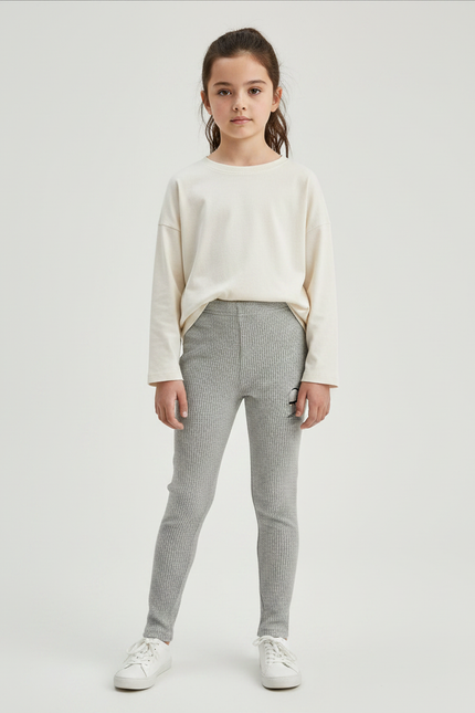 Pantalon Gris Côtelé Skinny Imprimé Fille - Maille
