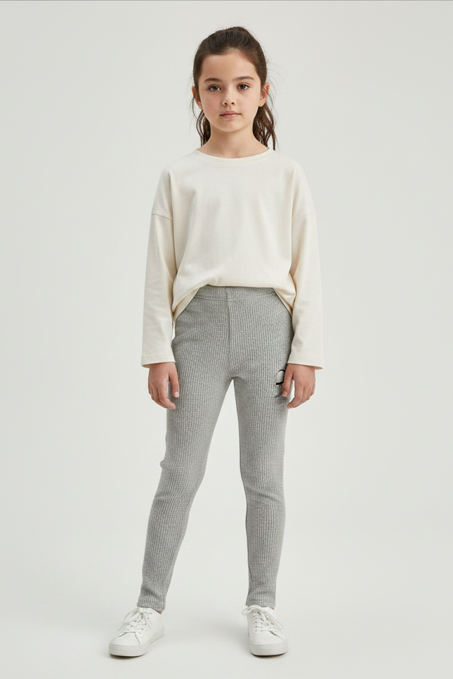 Pantalon Gris Côtelé Skinny Imprimé Fille - Maille
