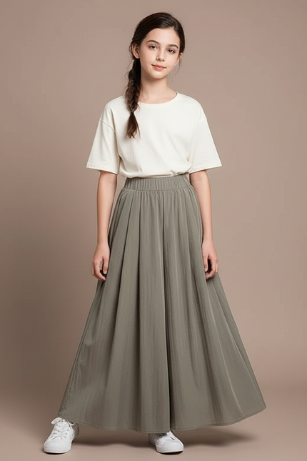Pantalon Gris Plissé Fluide Long Évasé Fille - Kaki Viscose
