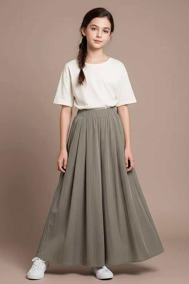 Pantalon Gris Plissé Fluide Long Évasé Fille - Kaki Viscose