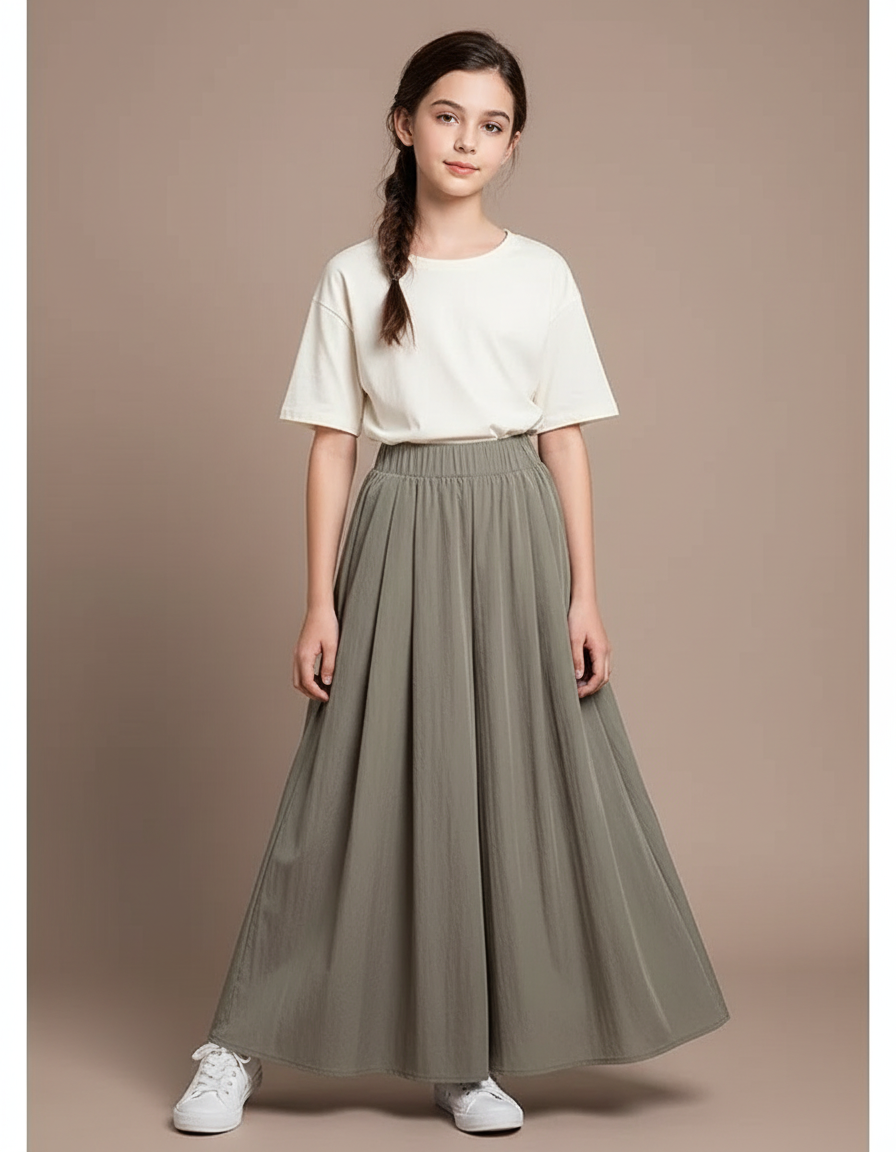 Pantalon Gris Plissé Fluide Long Évasé Fille - Kaki Viscose