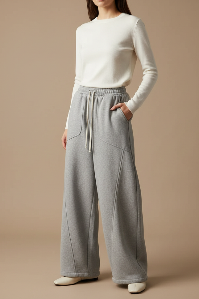 Pantalon Gris Ample Molletonné Décontracté Coupe Droite Femme