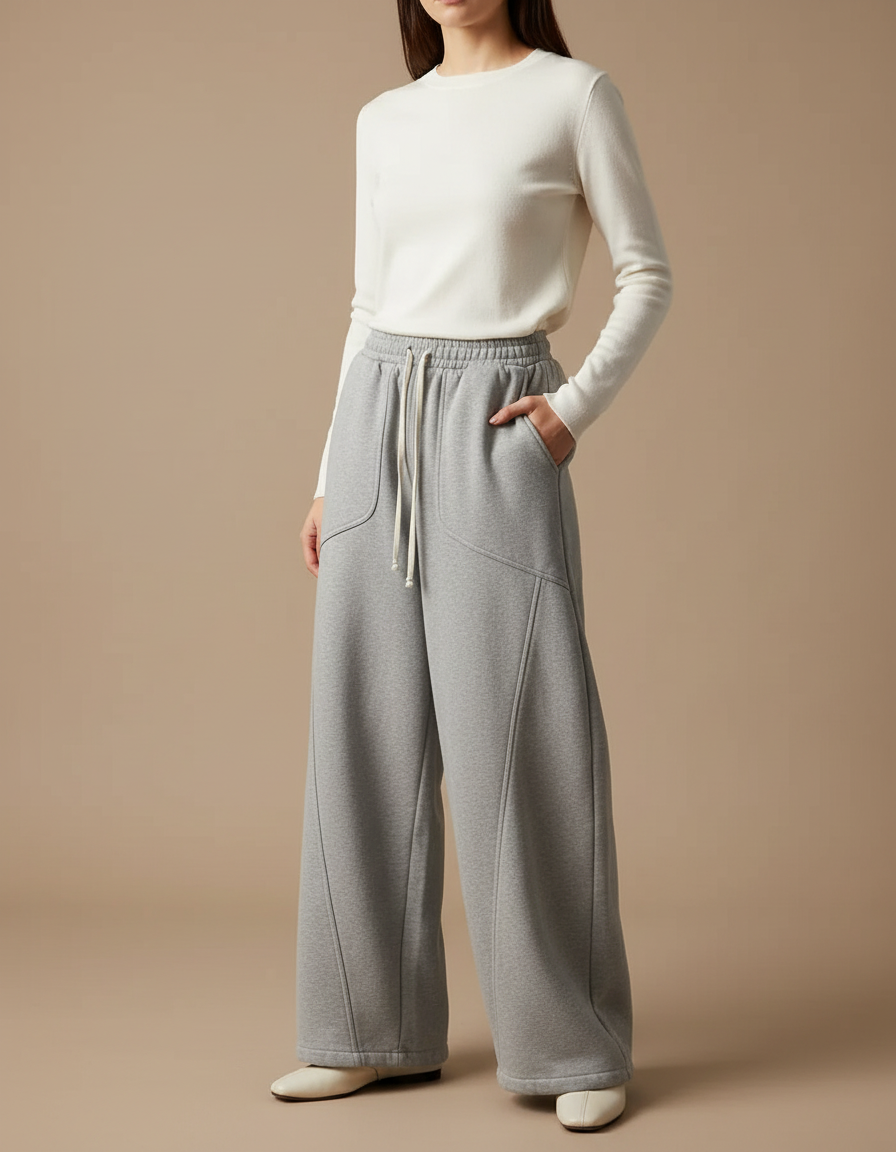 Pantalon Gris Ample Molletonné Décontracté Coupe Droite Femme