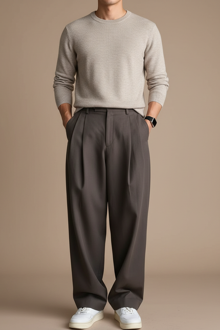 Pantalon Gris Plissé Ample Décontracté Élégant Homme - Gabardine