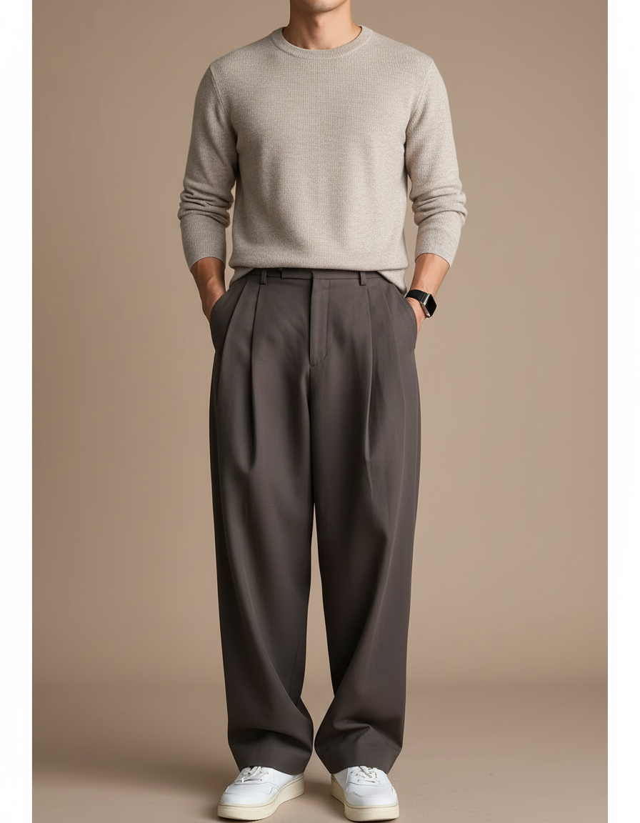 Pantalon Gris Plissé Ample Décontracté Élégant Homme - Gabardine