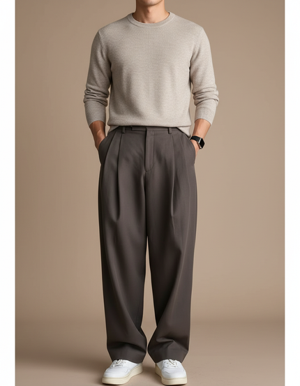 Pantalon Gris Plissé Ample Décontracté Élégant Homme - Gabardine