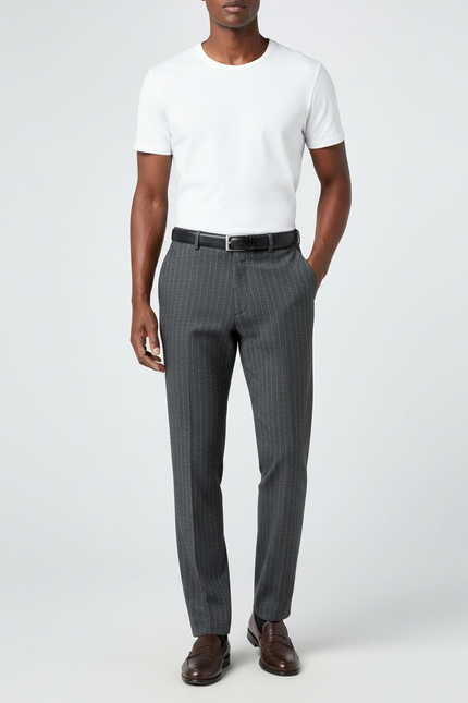 Pantalon Gris Rayé Droit Classique Élégant Homme - Laine