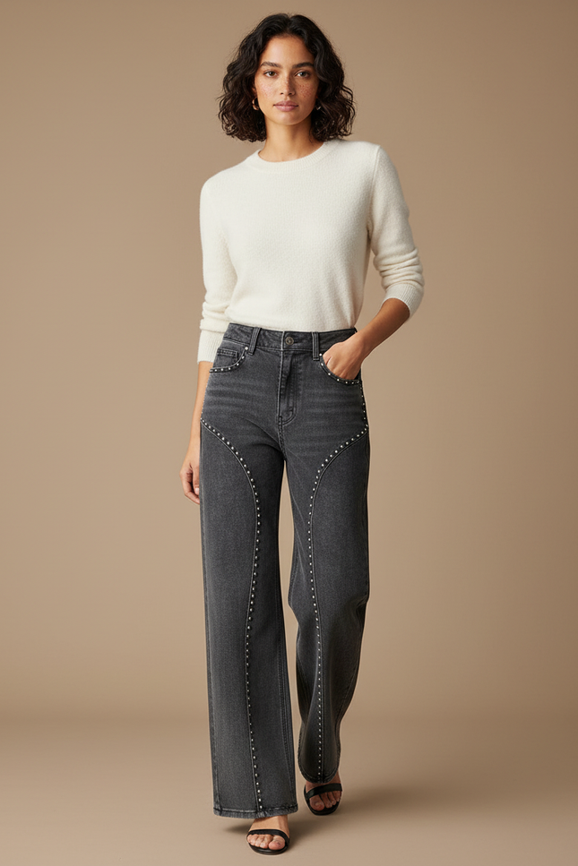Pantalon Gris Droit Clouté Taille Haute Femme - Jean