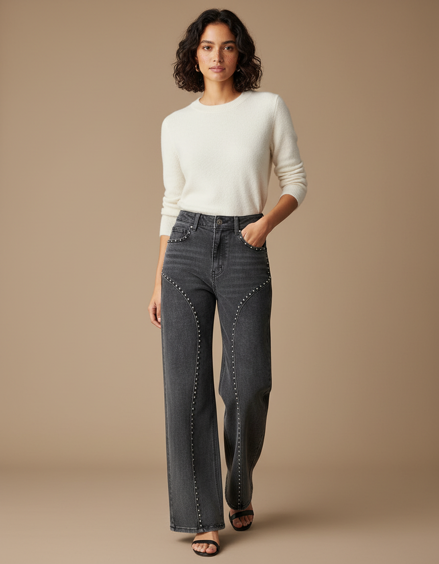 Pantalon Gris Droit Clouté Taille Haute Femme - Jean