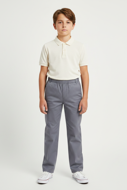 Pantalon Gris Enfant Élastique Décontracté Uniforme - Gabardine